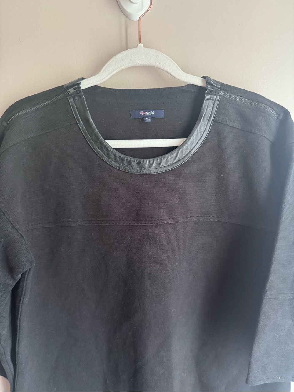 Madewell Black Oversized Knit Dress Leather Trim Pique Ponte M $128 - Picture 3 of 11
